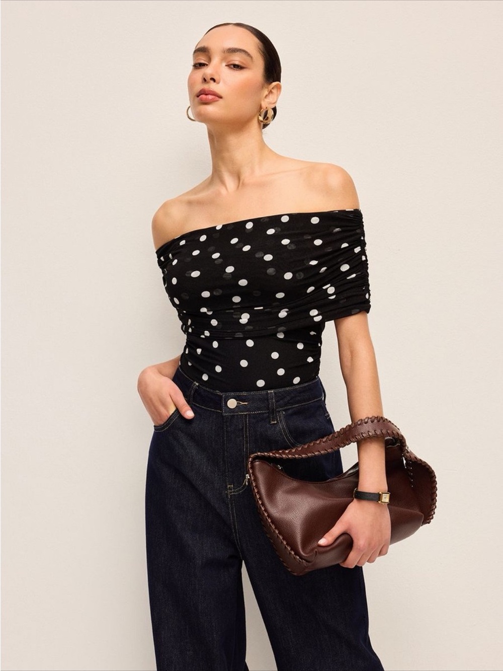 Commense Black and White Polka Dot Off-Shoulder Bodysuit
#0145